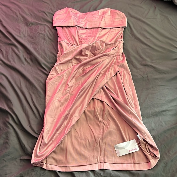 Ruched asymmetrical hem satin tube dress - Picture 1 of 8